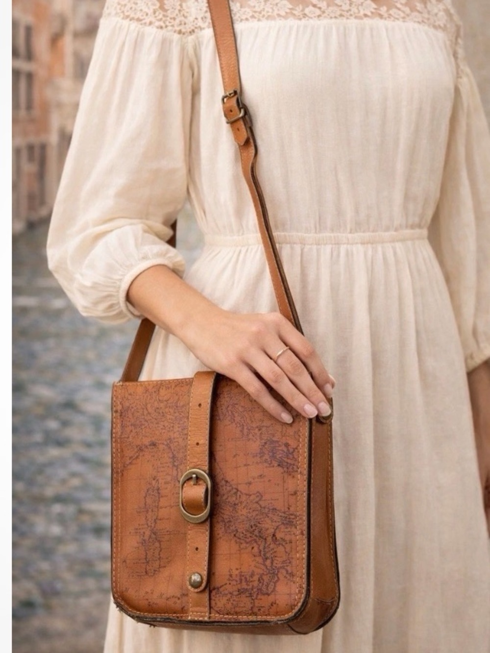 Patricia Nash Venezia Map Print Cognac Leather Crossbody Bag